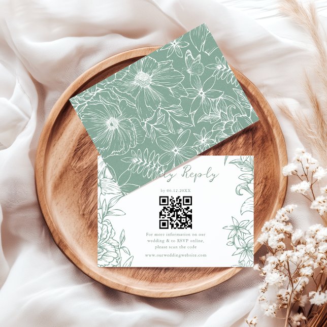 Tarjeta De Confirmación De Asistencia Simple Elegant Sage Green Floral QR Code Wedding (Subido por el creador)