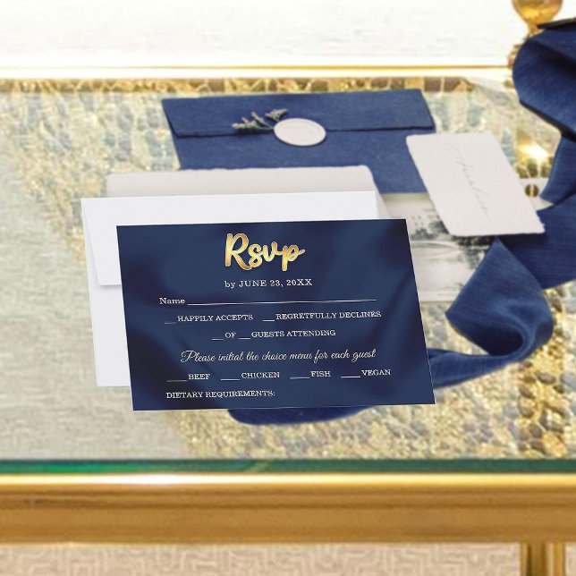 Tarjeta De Confirmación De Asistencia Simple Elegant Trendy Navy Blue & Gold Wedding  (Subido por el creador)