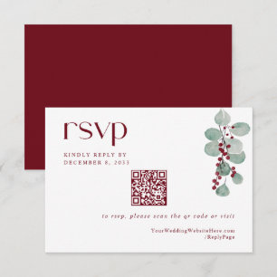 Tarjeta De Confirmación De Asistencia Simple invierno Burgundy Holiday Boda QR Código