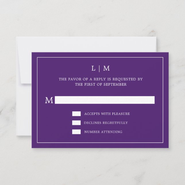 Tarjeta De Confirmación De Asistencia Simple Monograma Purple Elegante Boda (Anverso)