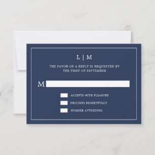 Tarjeta De Confirmación De Asistencia Simple Navy Blue Monograma Elegante Boda
