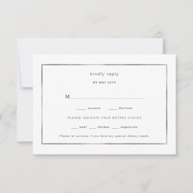 Tarjeta De Confirmación De Asistencia Simple Relieve metalizado plateado Frame Wedding r (Anverso)