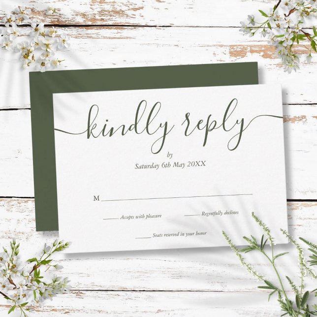 Tarjeta De Confirmación De Asistencia Simple Script Elegante Verde Oliva (Simple Elegant Script Olive Green RSVP Card)