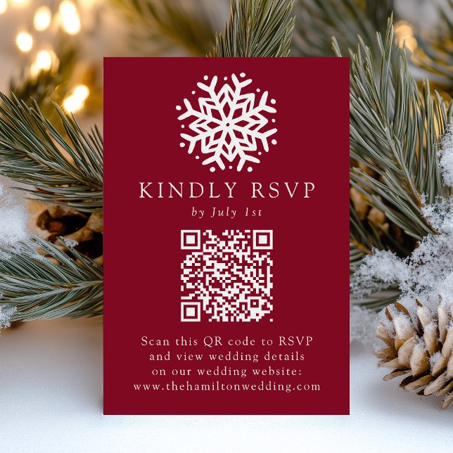 Tarjeta De Confirmación De Asistencia Simple Snowflake Burgundy Boda de código QR (Subido por el creador)