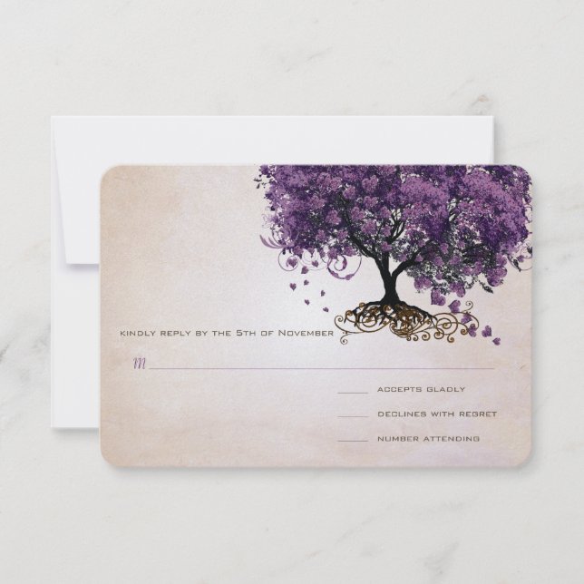 Tarjeta De Confirmación De Asistencia Simplemente Peachy Purple Heart Leaf Tree Wedding  (Anverso)