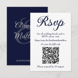 Tarjeta De Confirmación De Asistencia Sitio web de boda azul marino con código QR para R