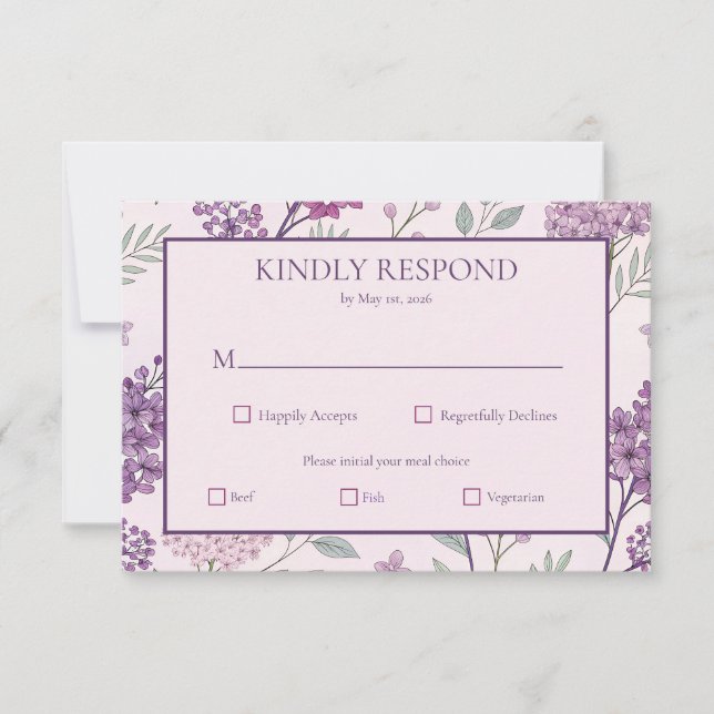 Tarjeta De Confirmación De Asistencia Soft Pink and Purple Lilac Floral Wedding (Anverso)
