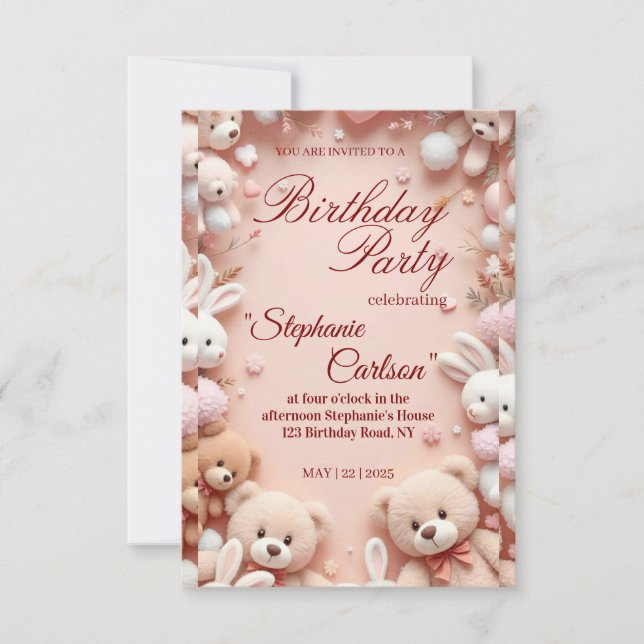 Tarjeta De Confirmación De Asistencia Soft Pink Teddy Bear Birthday Invitation (Anverso)