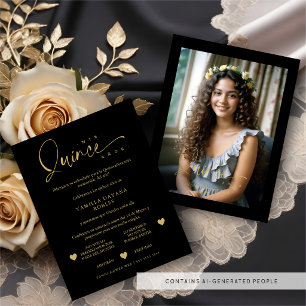 Tarjeta De Confirmación De Asistencia Spanish Black Trendy Quinceañera Collage 4 Photos