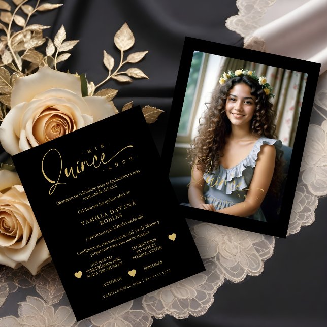 Tarjeta De Confirmación De Asistencia Spanish Black Trendy Quinceañera Collage 4 Photos (Spanish Black Trendy Quinceañera Collage 4 Photos RSVP Card. )