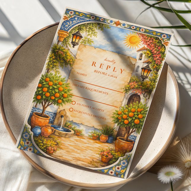 Tarjeta De Confirmación De Asistencia Spanish Courtyard Romance Wedding (Subido por el creador)