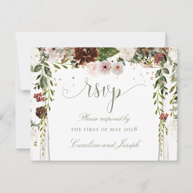 Tarjeta De Confirmación De Asistencia Sparkling Gold Floral Chuppah Canopy Boda (Anverso)