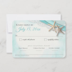 Tarjeta De Confirmación De Asistencia Starfish and Lace Vintage Beach Turquoise