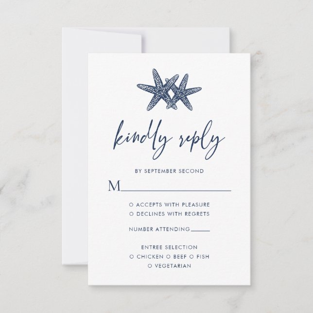 Tarjeta De Confirmación De Asistencia Starfish Modern Navy Blue Beach Wedding (Anverso)