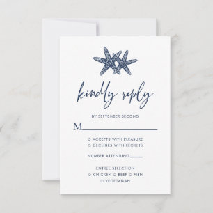 Tarjeta De Confirmación De Asistencia Starfish Modern Navy Blue Beach Wedding