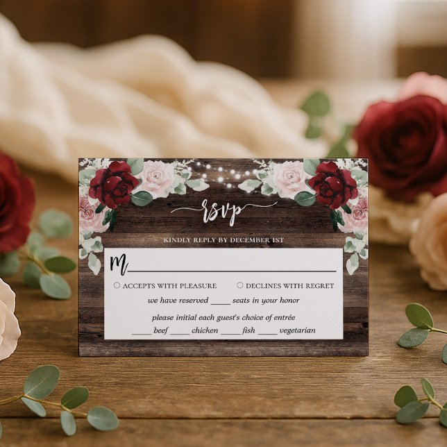 Tarjeta De Confirmación De Asistencia String Lights Eucalyptus & Burgundy Rustic Wedding (Subido por el creador)