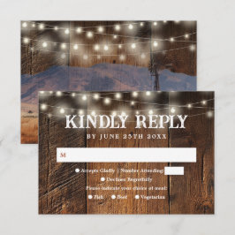 Tarjeta De Confirmación De Asistencia String Lights Rustic Barn Wood Western Wedding