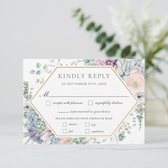 Tarjeta De Confirmación De Asistencia Suculentas comidas de Boda de vegetación floral de (Anverso de pie)