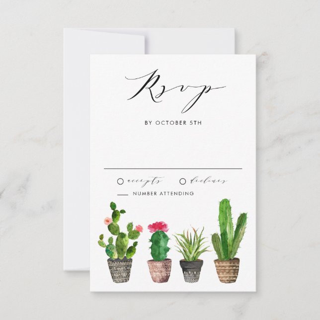 Tarjeta De Confirmación De Asistencia Suculentas y Cactus en Macetas Boho Boda de Verano (Anverso)