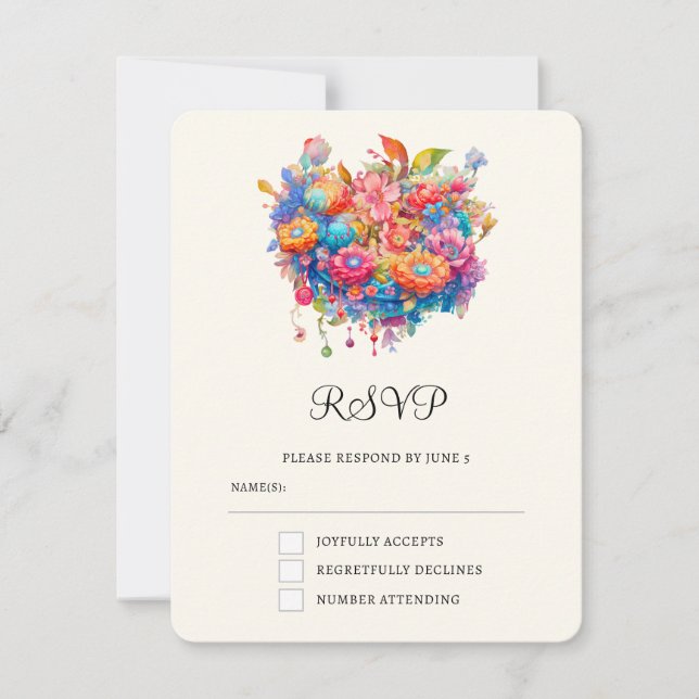 Tarjeta De Confirmación De Asistencia Summery Flower Bouquet Whimsical Boho Boda (Anverso)