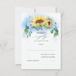 Tarjeta De Confirmación De Asistencia Sunflower amarillo y Boda de hidrangea azul turbio