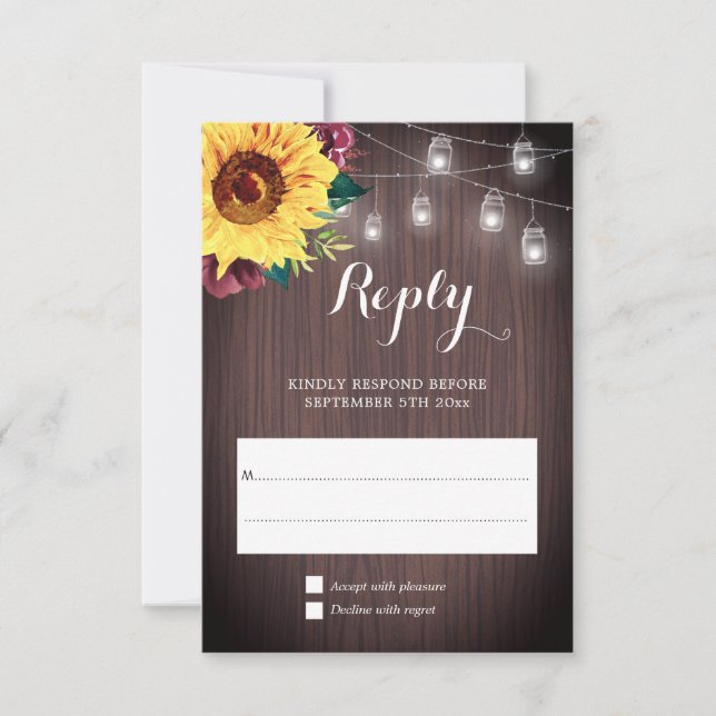 Tarjeta De Confirmación De Asistencia Sunflower Jar Lights Burgundy Floral Boda (Anverso)