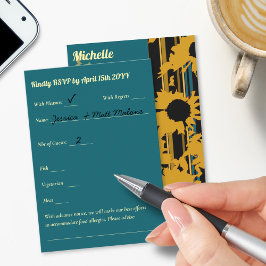 Tarjeta De Confirmación De Asistencia Sunflower Teal Blue Gold Modern Wedding