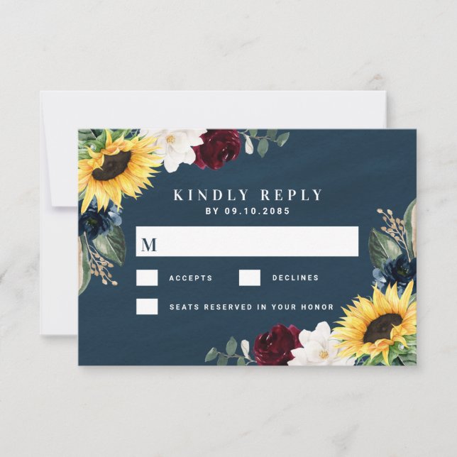 Tarjeta De Confirmación De Asistencia Sunflower y la Marina Azul Magnolia Borgoña Boda (Anverso)