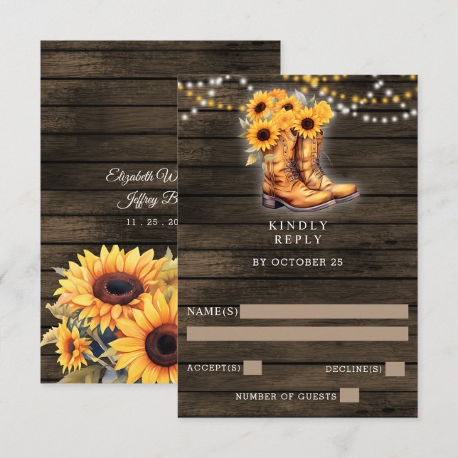 Tarjeta De Confirmación De Asistencia Sunflowers Cowboy Boots Barn Wood Boda Occidental (Anverso / Reverso)