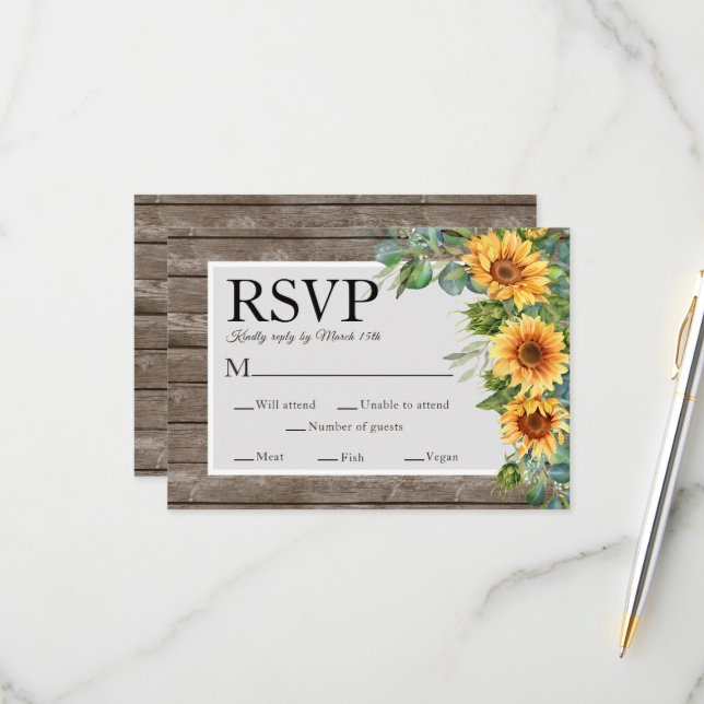Tarjeta De Confirmación De Asistencia Sunflowers Eucalyptus Rustic Wood Boda (Anverso/Reverso In Situ)