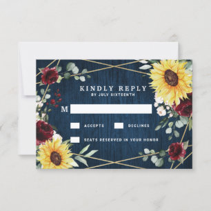 Tarjeta De Confirmación De Asistencia Sunflowers Rosas de Borgoña Boda Geométrico