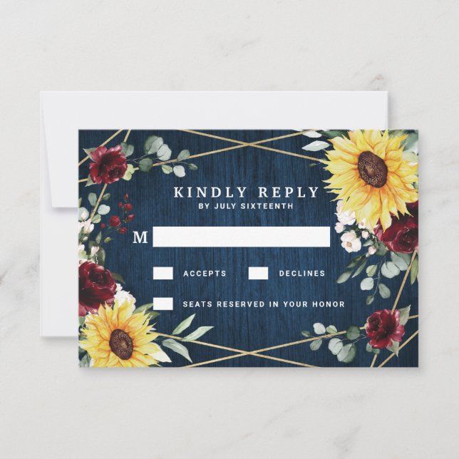 Tarjeta De Confirmación De Asistencia Sunflowers Rosas de Borgoña Boda Geométrico (Anverso)