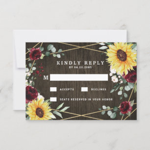 Tarjeta De Confirmación De Asistencia Sunflowers Rosas de Borgoña Boda geométrico ruso