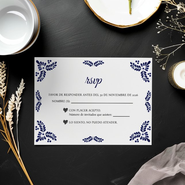 Tarjeta De Confirmación De Asistencia Talavera Blue Floral Minimalist Spanish Wedding (Talavera Blue Floral Minimalist Spanish Wedding RSVP Card)