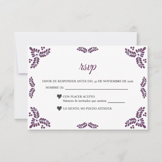 Tarjeta De Confirmación De Asistencia Talavera Purple Floral Minimalist Spanish Wedding (Anverso)