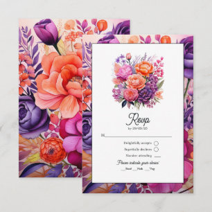 Tarjeta De Confirmación De Asistencia Tangerina, Boda floral de color rosa caliente y pú
