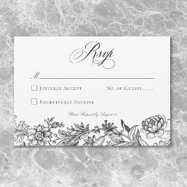 Tarjeta De Confirmación De Asistencia Tapiz Floral Vintage Blanco y Negro para Boda
