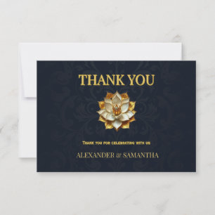 Tarjeta De Confirmación De Asistencia Tarjeta de agradecimiento de boda Gold Lotus azul 