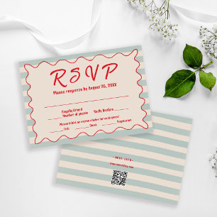 Tarjeta De Confirmación De Asistencia Tarjeta de bodas retro con código QR y rayas azule