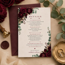 Tarjeta de Detalles de Boda Floral Borgoña Malhumo