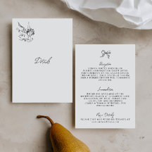 Tarjeta de detalles de boda ilustrada en blanco y 
