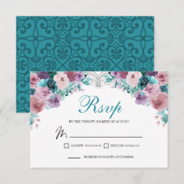 Tarjeta De Confirmación De Asistencia Tarjeta de gabinete verde azulada y mauve Floral R