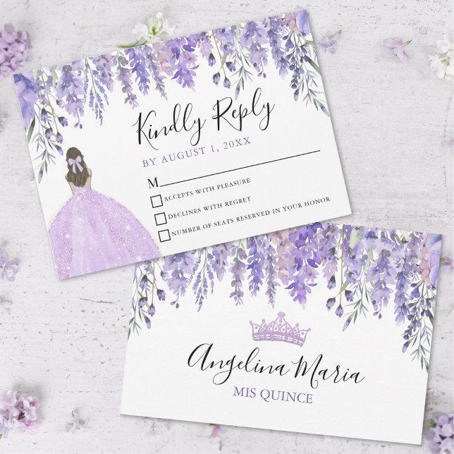 Tarjeta De Confirmación De Asistencia Tarjeta Floral Violeta Tiara Purple Quinceanera RS (Floral Violet Tiara Purple Quinceanera RSVP Card)