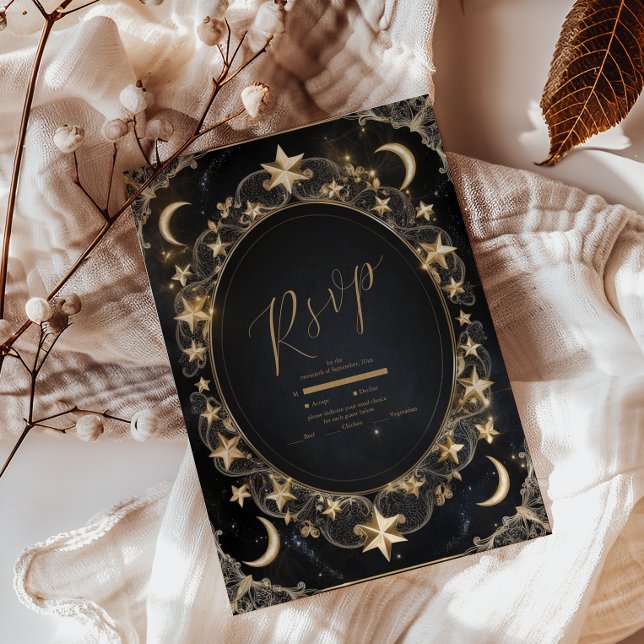 Tarjeta De Confirmación De Asistencia Tarot Boda celeste Sun Moon Stars Gold (Subido por el creador)