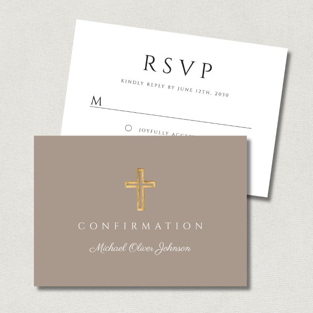 Tarjeta De Confirmación De Asistencia Taupe Boy Religious Cross Confirmation (Taupe Boy Religious Cross Confirmation RSVP Card)