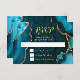 Tarjeta De Confirmación De Asistencia Teal Blue and Gold Agate Marble