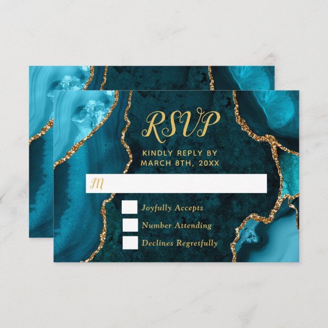 Tarjeta De Confirmación De Asistencia Teal Blue and Gold Agate Marble (Anverso / Reverso)