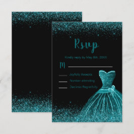 Tarjeta De Confirmación De Asistencia Teal Blue Dress Faux Glitter Quinceanera
