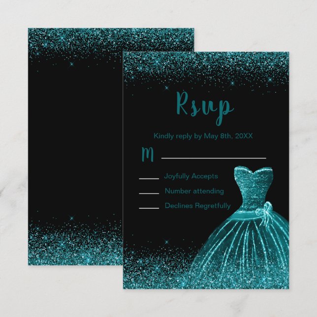 Tarjeta De Confirmación De Asistencia Teal Blue Dress Faux Glitter Quinceanera (Anverso / Reverso)