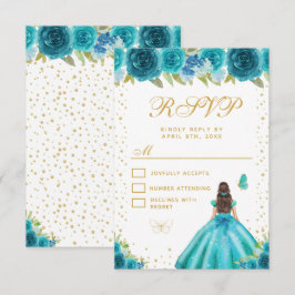 Tarjeta De Confirmación De Asistencia Teal Floral Brunette Hair Princess Sweet Sixteen
